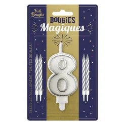 BOUGIES CHIFFRE 8 MÈCHE MAGIQUE 11CM BLANC