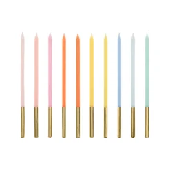 10 BOUGIES FINES CIRE BASE OR MÉTAL 14CM COLORÉ