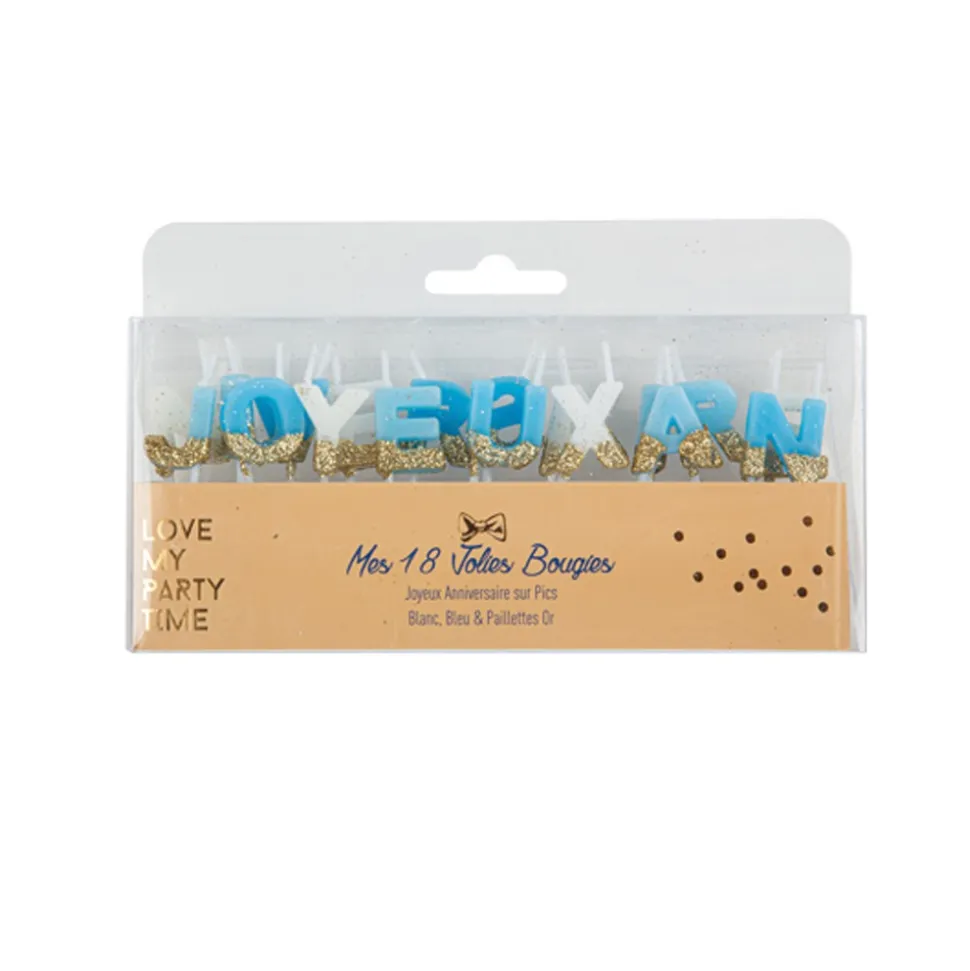 BOUGIES JOYEUX ANNIVERSAIRE 2.1CM BLANC BLEU OR