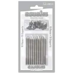 10 BOUGIES PAILLETÉES ARGENT+10 SUPPORTS