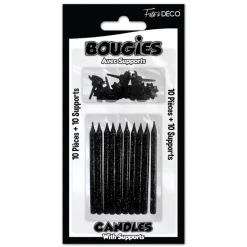 10 BOUGIES PAILLETÉES NOIR + 10 SUPPORTS