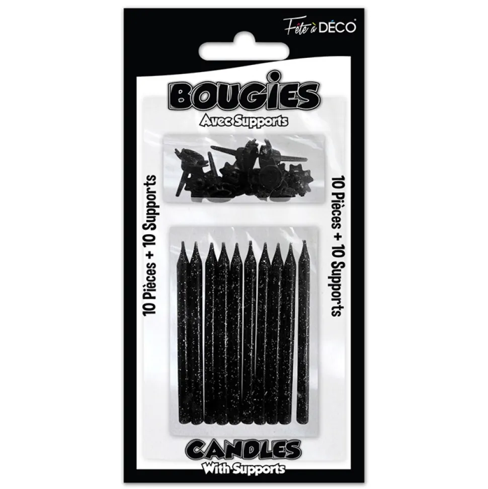 10 BOUGIES PAILLETÉES NOIR + 10 SUPPORTS