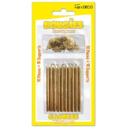 10 BOUGIES PAILLETÉES OR + 10 SUPPORTS