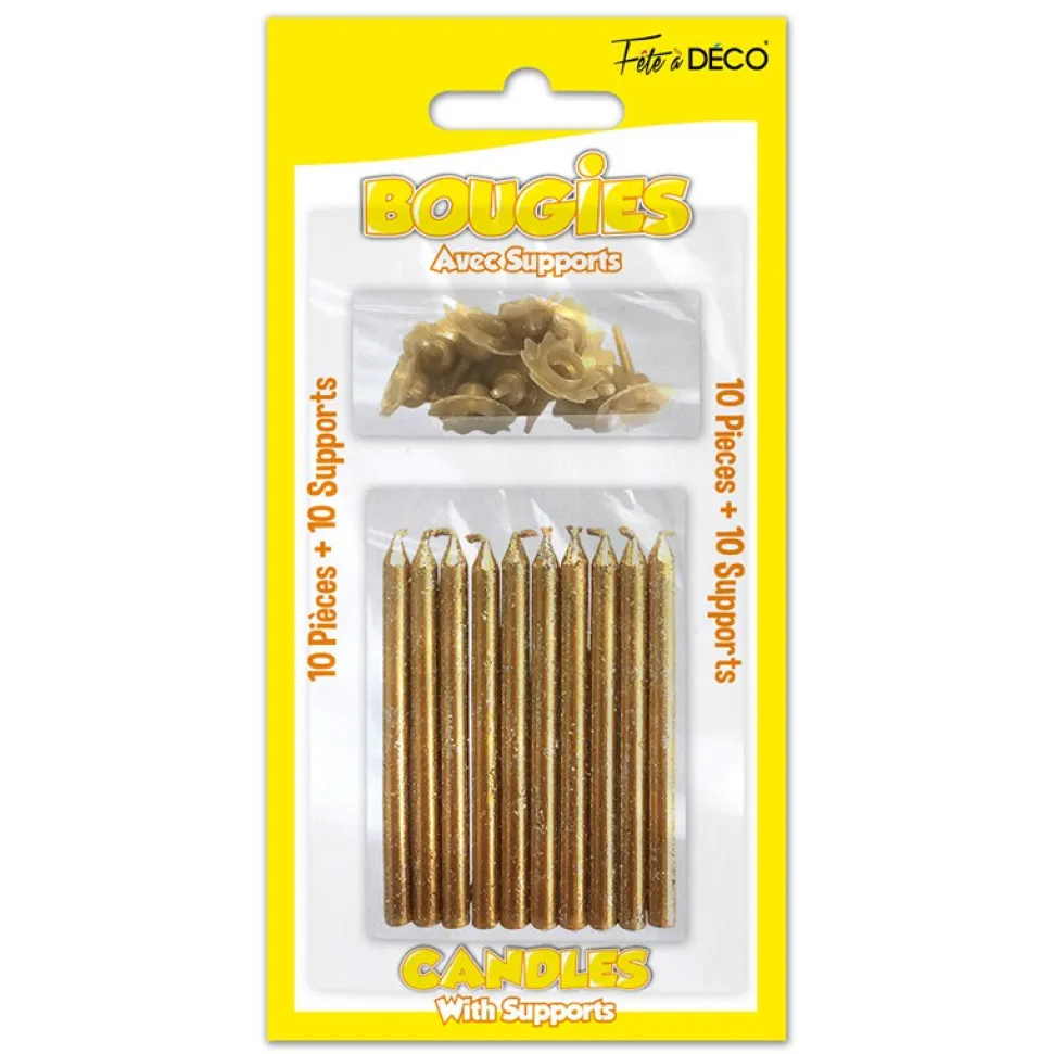 10 BOUGIES PAILLETÉES OR + 10 SUPPORTS