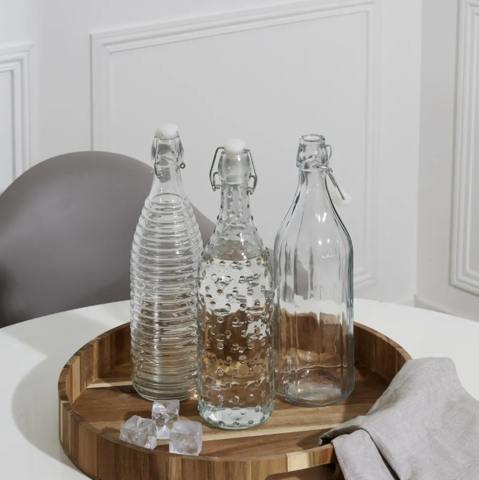 BOUTEILLE VERRE À CLAPET EMBOSSÉ 1L TRANSPARENT