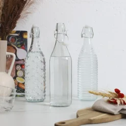 BOUTEILLE VERRE À CLAPET EMBOSSÉ 1L TRANSPARENT