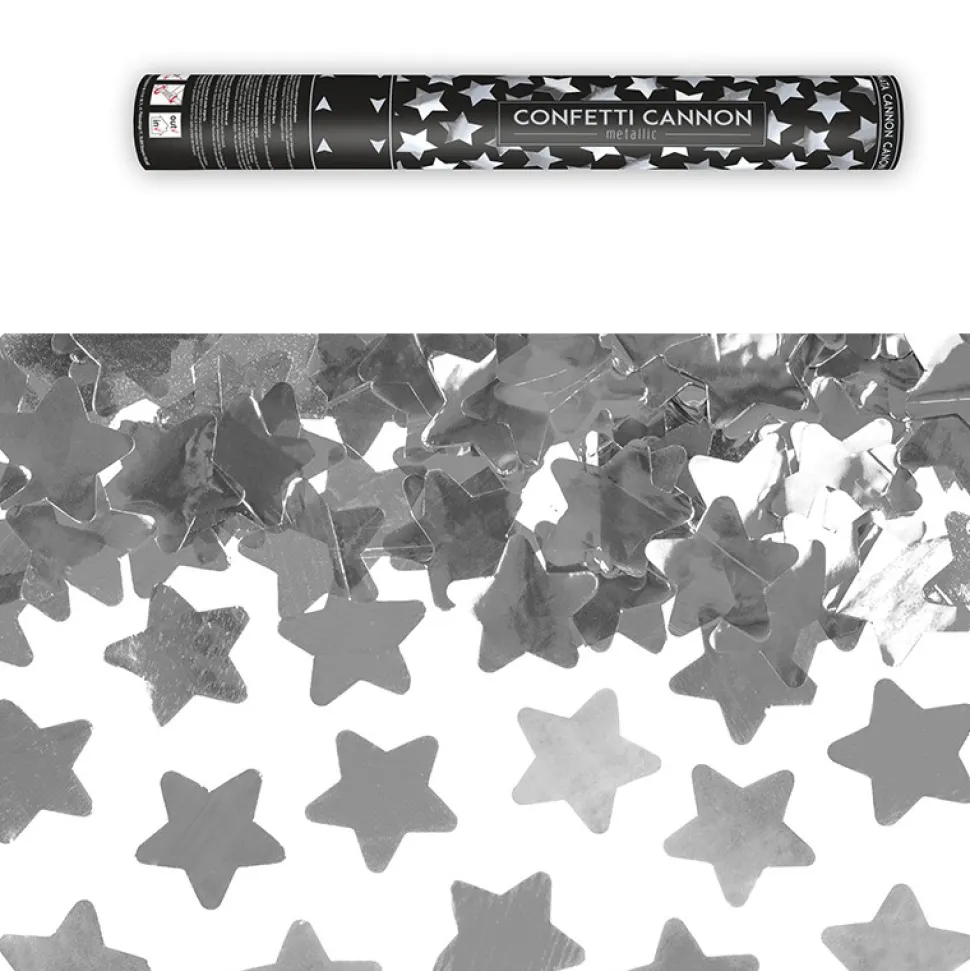 CANON À CONFETTIS ÉTOILE ARGENT 40CM