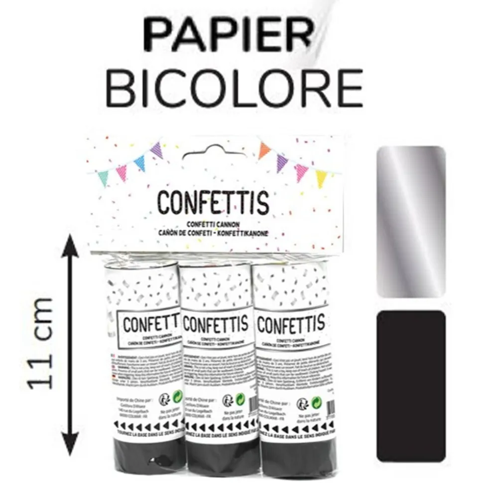 3 CANONS À CONFETTIS PAPIER SOIE 11CM NOIR ARGENT