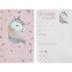 6 CARTONS INVITATION LICORNE ARC-EN-CIEL 11X17CM