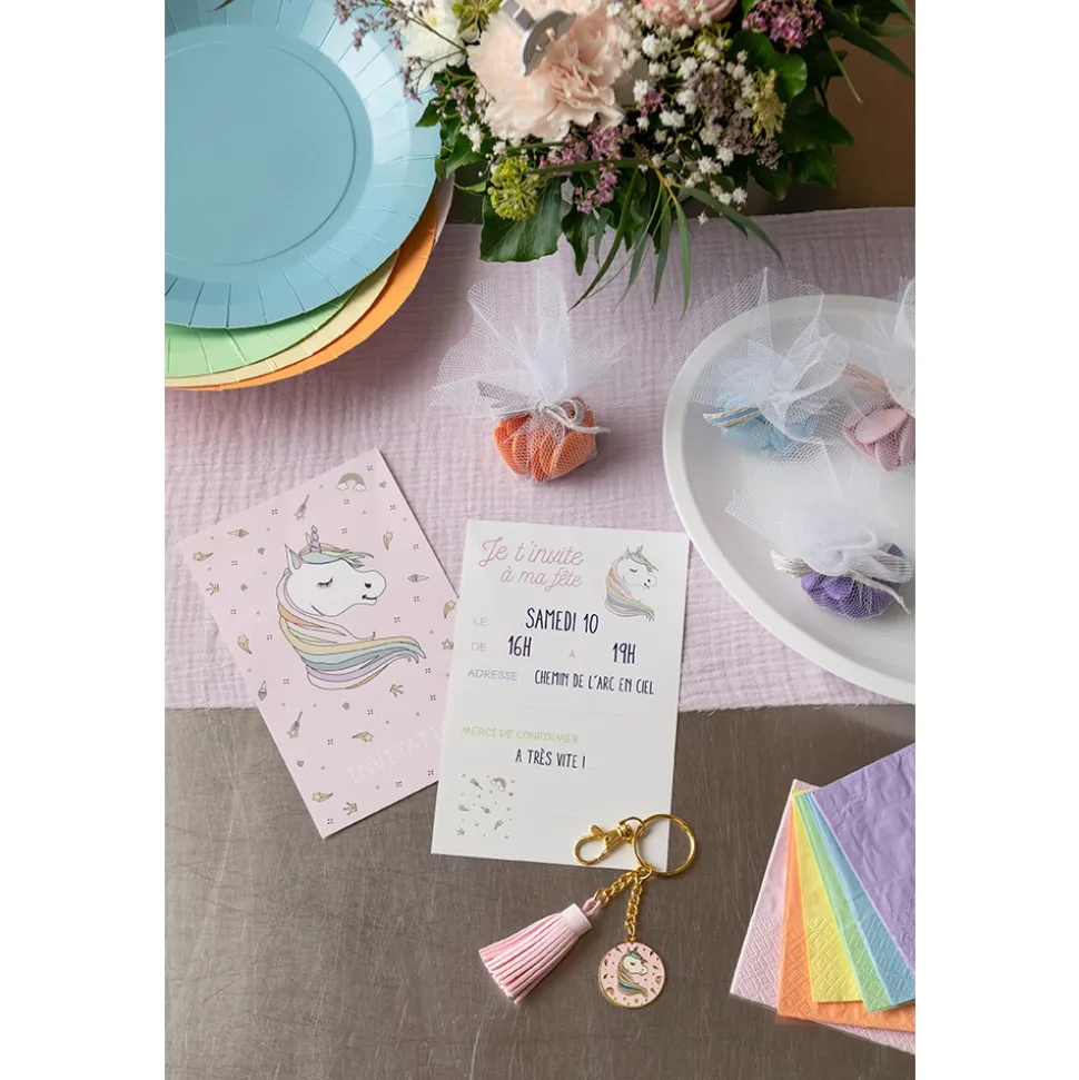 6 CARTONS INVITATION LICORNE ARC-EN-CIEL 11X17CM