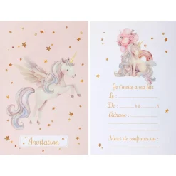 6 CARTONS INVITATION LICORNE MAGIQUE 10X15CM ROSE