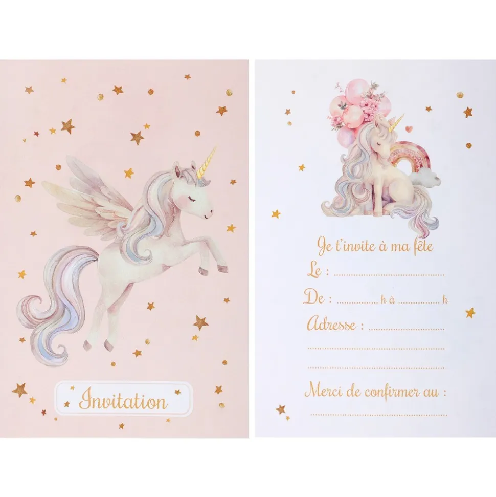 6 CARTONS INVITATION LICORNE MAGIQUE 10X15CM ROSE