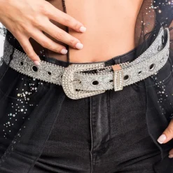 CEINTURE BOUCLE STRASS PAILLETTES 112X3.8CM ARGENT