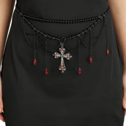 CEINTURE PERLES NOIRES CROIX GOTHIQUE 70CM ADULTE