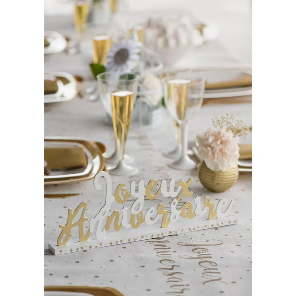 CENTRE DE TABLE ANNIVERSAIRE BLANC OR 33.5X12CM