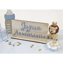 CENTRE DE TABLE ANNIVERSAIRE BOIS 20X10.5CM BLEU
