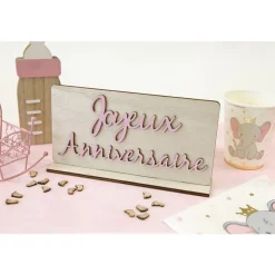 CENTRE DE TABLE ANNIVERSAIRE BOIS 20X10.5CM ROSE