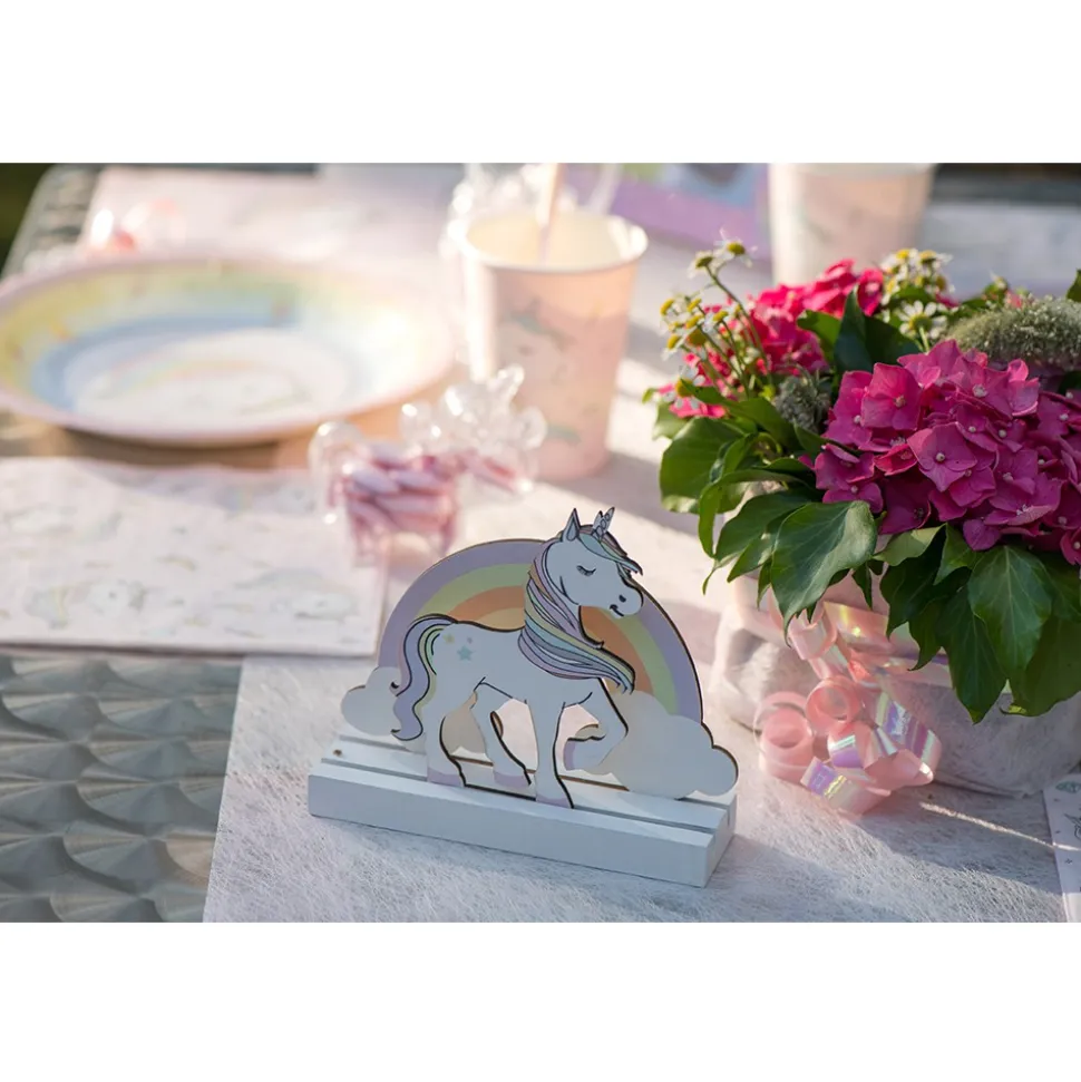 CENTRE DE TABLE LICORNE ARC-EN-CIEL BOIS 14X4X13CM