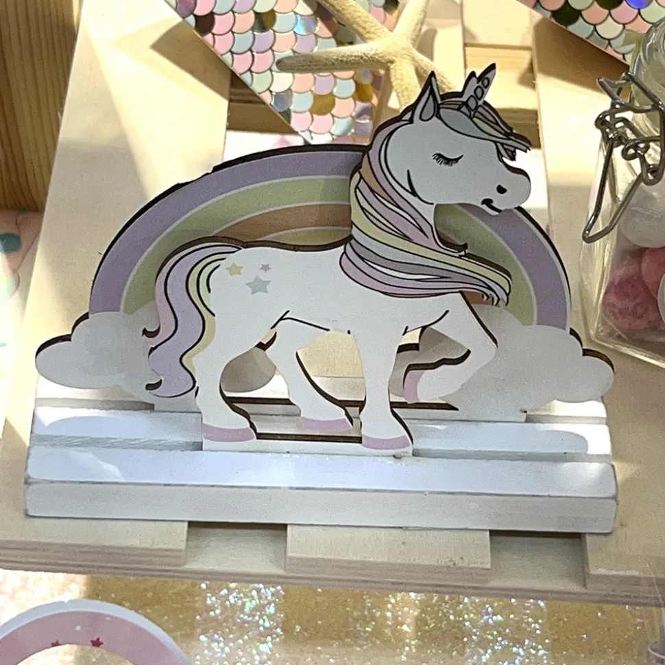 CENTRE DE TABLE LICORNE ARC-EN-CIEL BOIS 14X4X13CM