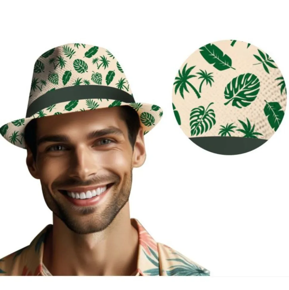 CHAPEAU BORSALINO BEIGE FEUILLES TROPICAL ADULTE