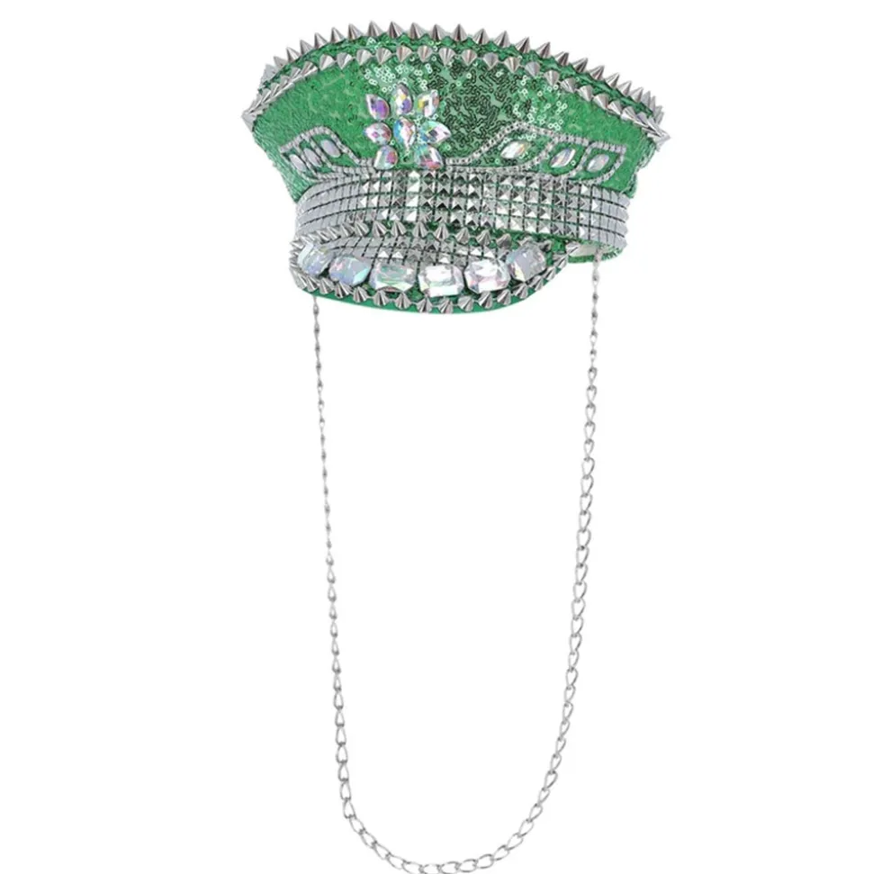 CHAPEAU CLOUTÉ CAPITAINE PAILLETTES VERT ADULTE