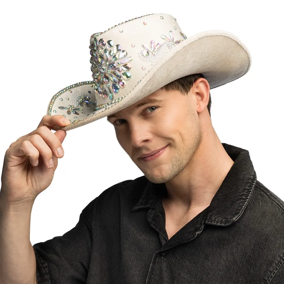 CHAPEAU COWBOY BEIGE STRASS IRIDESCENTS ADULTE