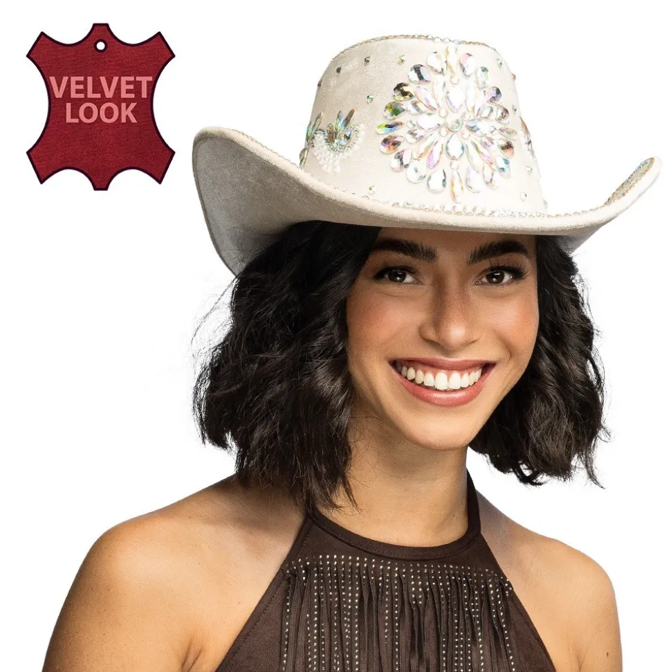 CHAPEAU COWBOY BEIGE STRASS IRIDESCENTS ADULTE