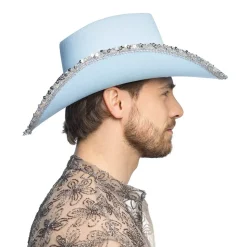CHAPEAU COWBOY BLEU CLAIR UV STRASS ARGENT ADULTE