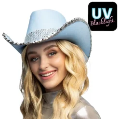 CHAPEAU COWBOY BLEU CLAIR UV STRASS ARGENT ADULTE