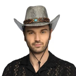 CHAPEAU COWBOY DAIM GRIS LANIÈRE TRESSÉE ADULTE