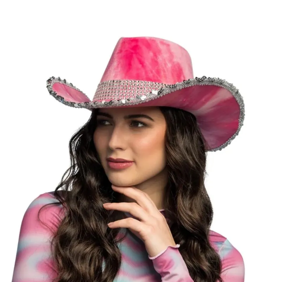 CHAPEAU COWBOY VELOURS ROSE STRASS ADULTE