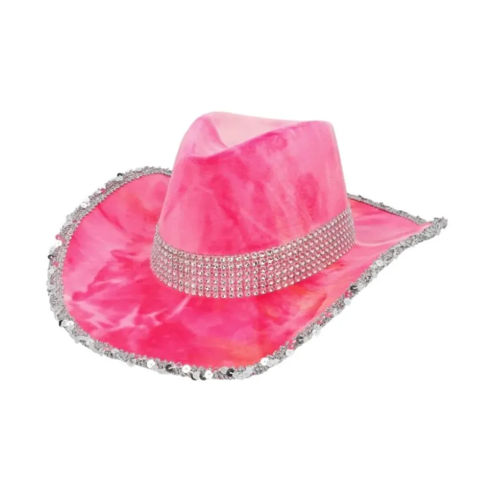 CHAPEAU COWBOY VELOURS ROSE STRASS ADULTE
