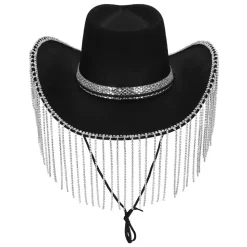 CHAPEAU COWGIRL NOIR FRANGES ARGENT ADULTE