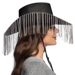 CHAPEAU COWGIRL NOIR FRANGES ARGENT ADULTE