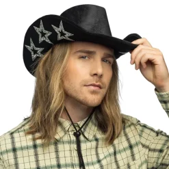 CHAPEAU DE COWBOY NOIR ÉTOILE STRASS ARGENT ADULTE
