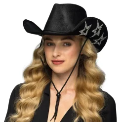 CHAPEAU DE COWBOY NOIR ÉTOILE STRASS ARGENT ADULTE