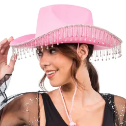 CHAPEAU DE COWBOY ROSE CHAÎNE STRASS ADULTE