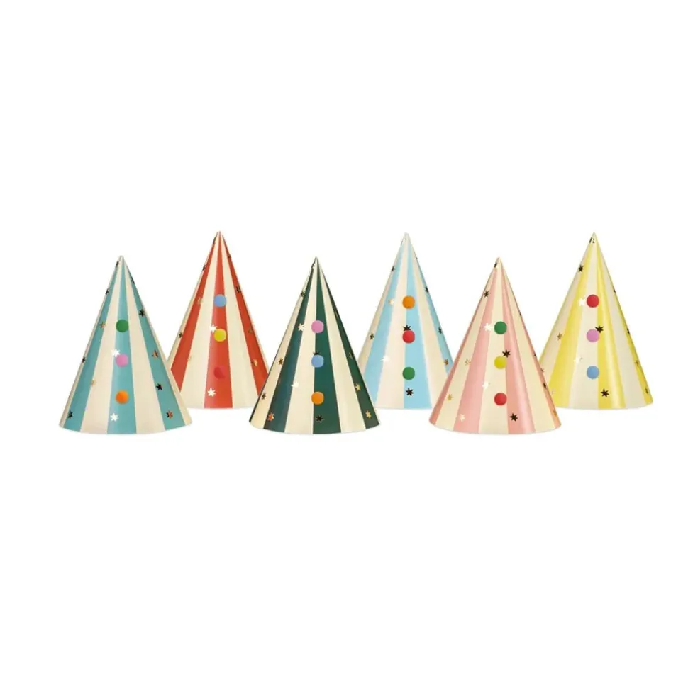 6 CHAPEAUX CARTON CÔNE DE FÊTE RAYÉ CIRQUE 16CM