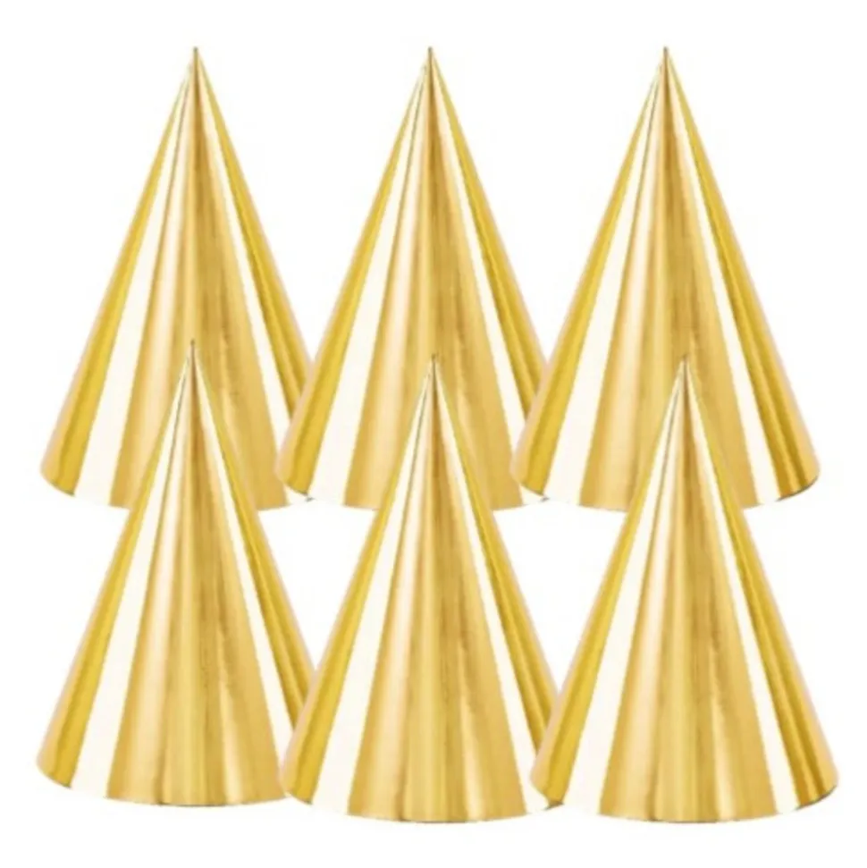6 CHAPEAUX CÔNES DE FÊTE 16CM OR MÉTAL