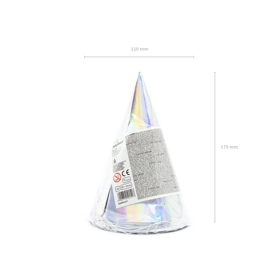 6 CHAPEAUX FÊTE CARTON CÔNE 17.5CM IRIDESENT