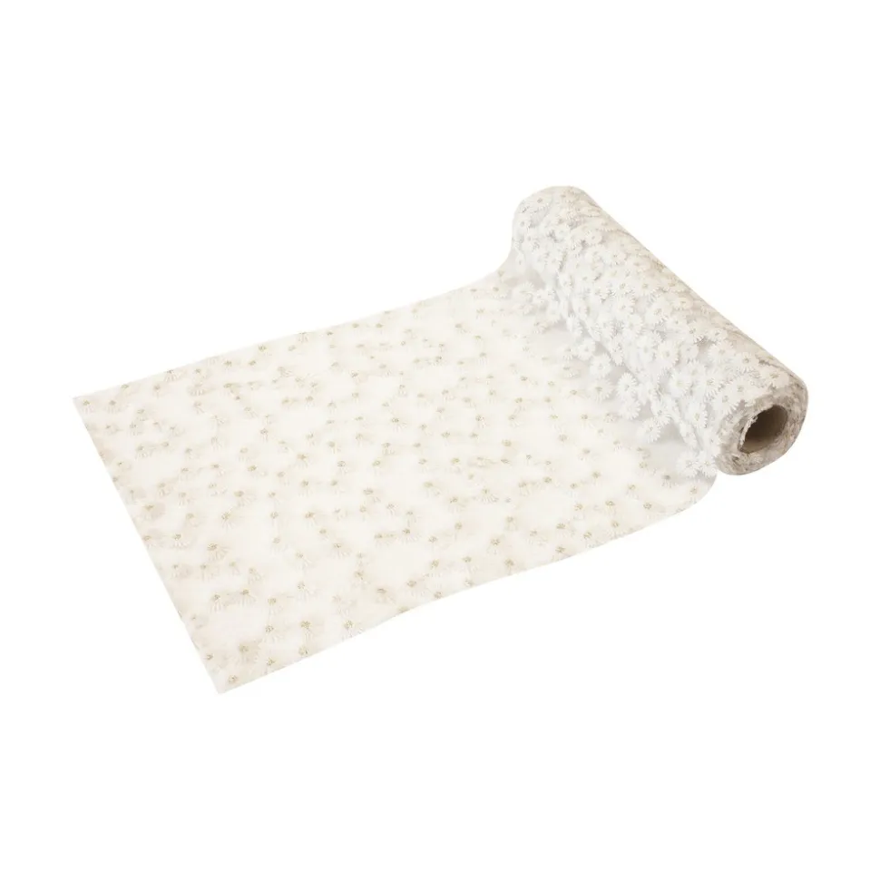 CHEMIN DE TABLE TULLE FLEURS BRODÉES 24CMX3M BLANC
