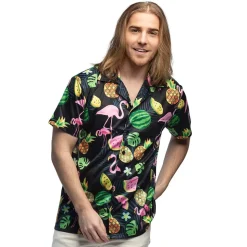 CHEMISE HAWAÏENNE NOIR TROPICAL FLAMINGO HOMME