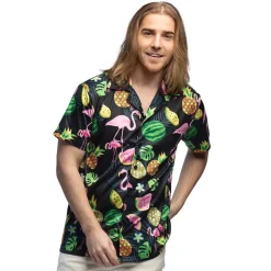 CHEMISE HAWAÏENNE NOIR TROPICAL FLAMINGO HOMME
