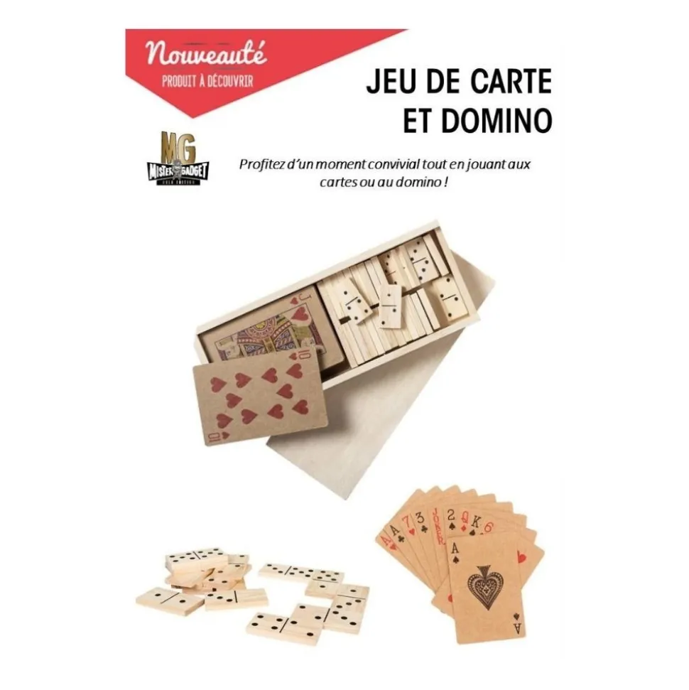 COFFRET JEU VINTAGE 54 CARTES 28 DOMINOS BOIS