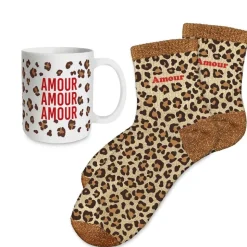COFFRET MUG CHAUSSETTES PAILLETTES LÉOPARD AMOUR