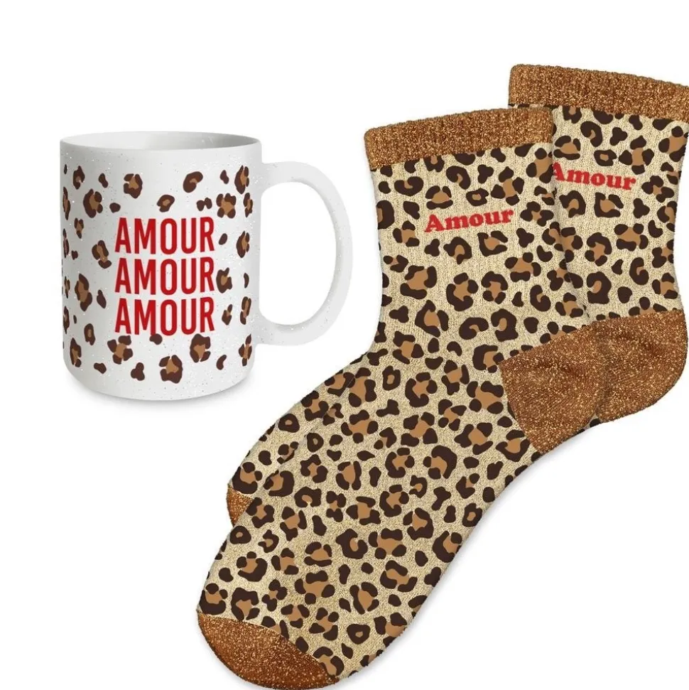 COFFRET MUG CHAUSSETTES PAILLETTES LÉOPARD AMOUR