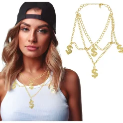 COLLIER CHAINE MÉTAL 4 PENDENTIFS DOLLAR USA OR