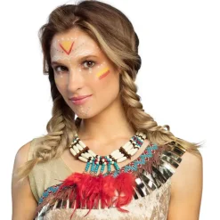 COLLIER INDIEN PERLES BOIS PLUMES ROUGES ADULTE