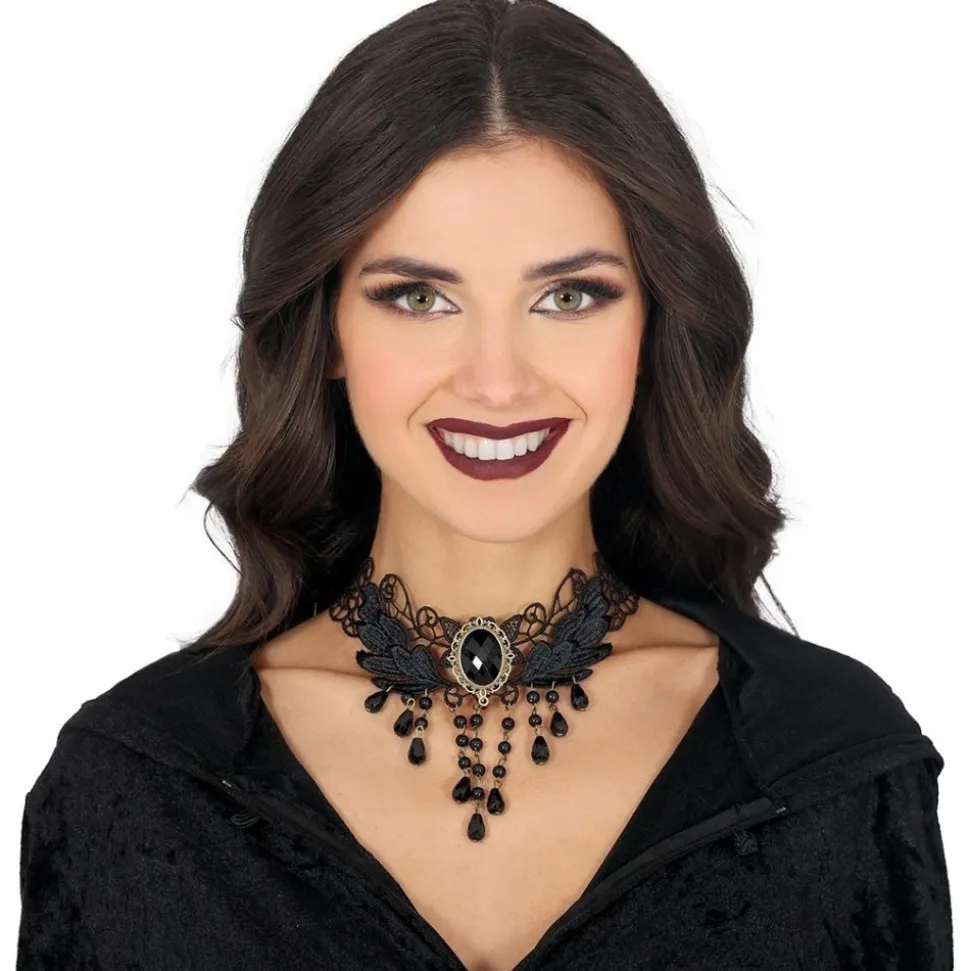 COLLIER RAS-DE-COU BRODÉ DÉCO PIERRE NOIR FEMME