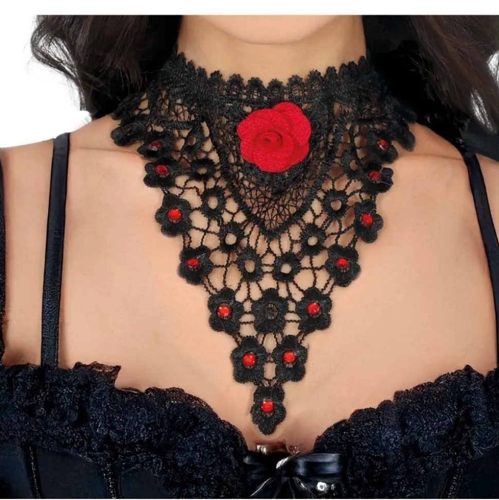 COLLIER RAS-DE-COU BRODÉ DÉCO ROSE ROUGE FEMME